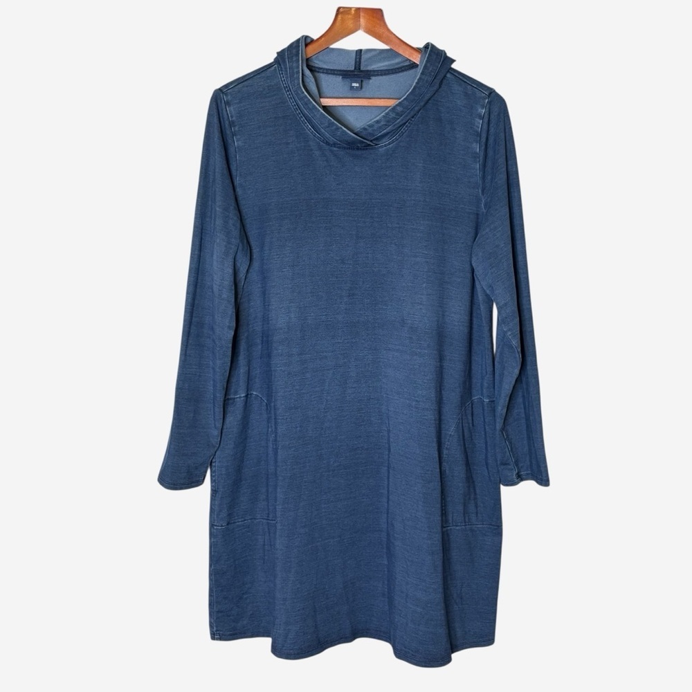 J Jill Pure Jill Indigo Hooded Tunic Dress Size L Blue Lyocell Blend Coastal - Picture 2 of 9